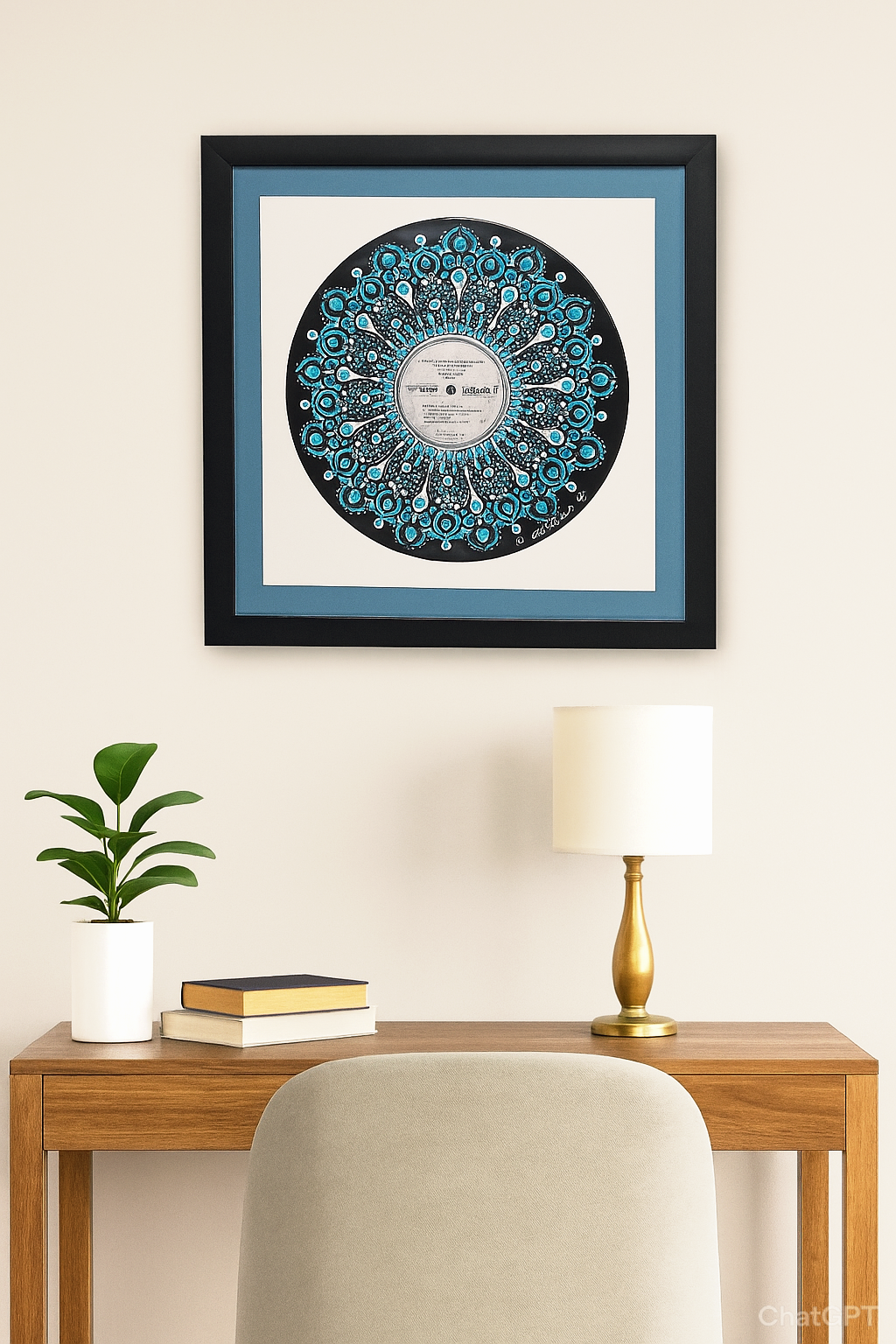 Standard framed vinyl art hanging over a desk with chair. Shows two color matting inside the frame.
