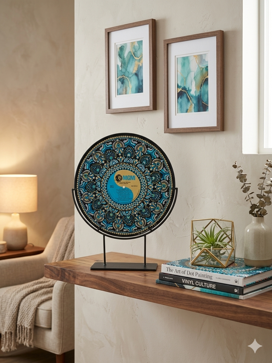 Vinyl art in table top stand displayed on a floating shelf with a chair in the background.
