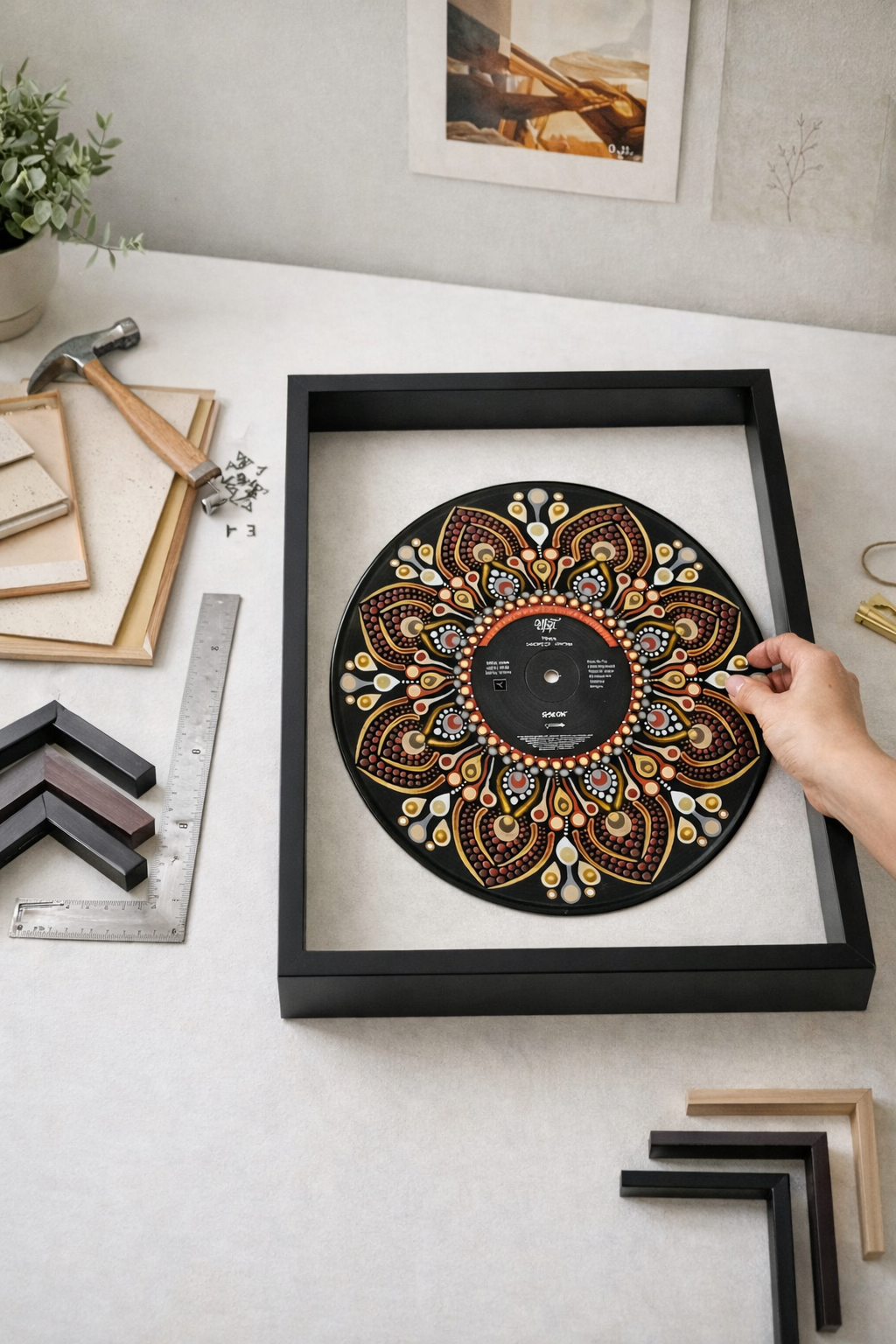A DIY project showing vinyl artwork being framed by a customer in a shadow box.