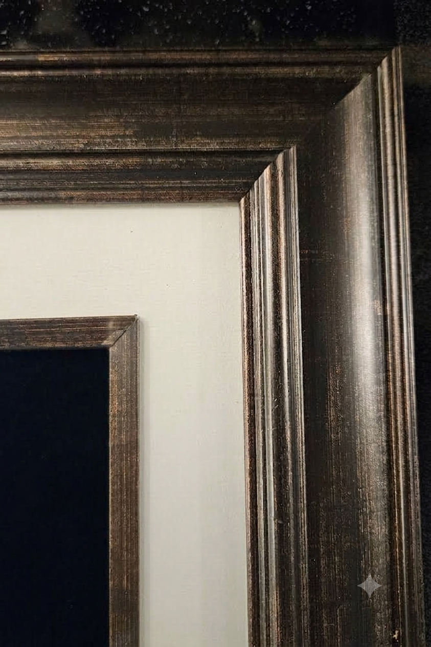 Close-up of the dark textured frame and coordinating cream and black matting used for A Flock of Seagulls “I Ran” vinyl art.