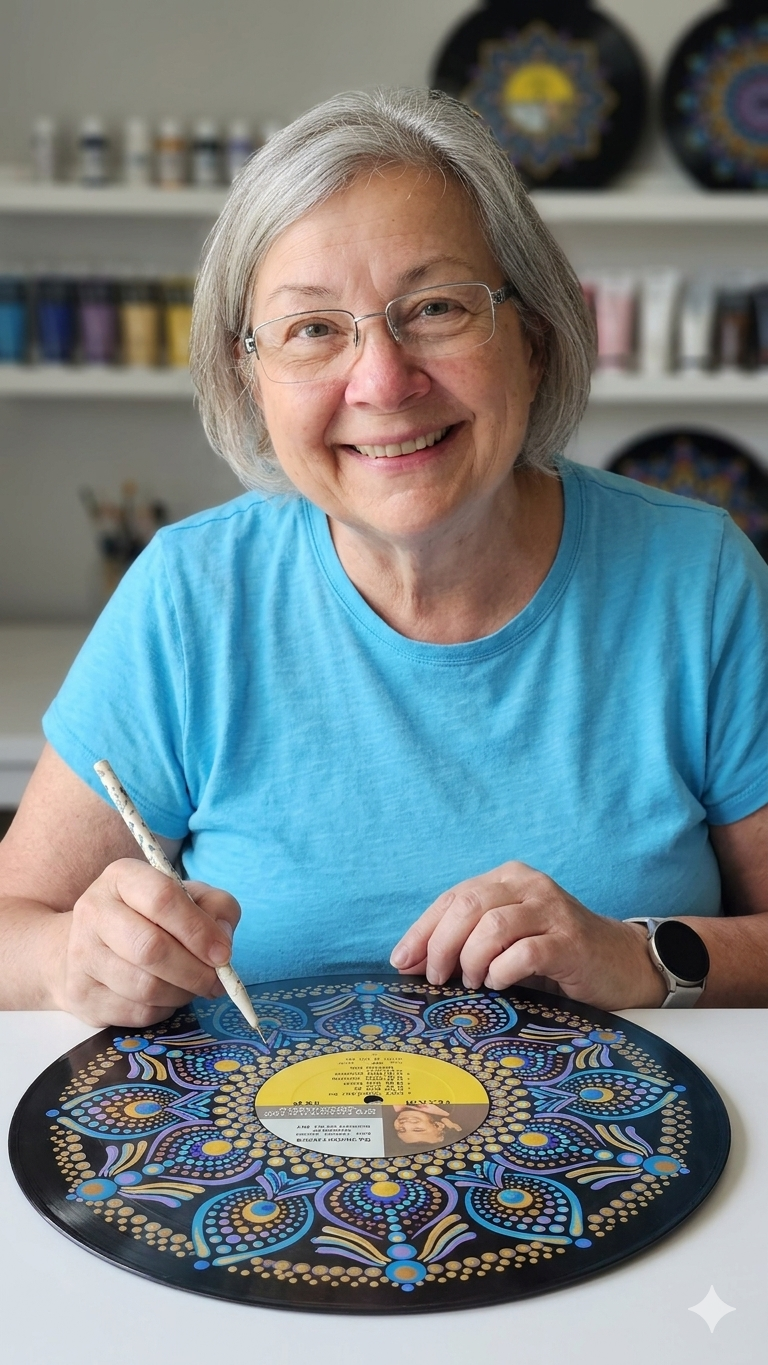 Hand-painting mandala artwork on a vinyl record at Dot On! Designs