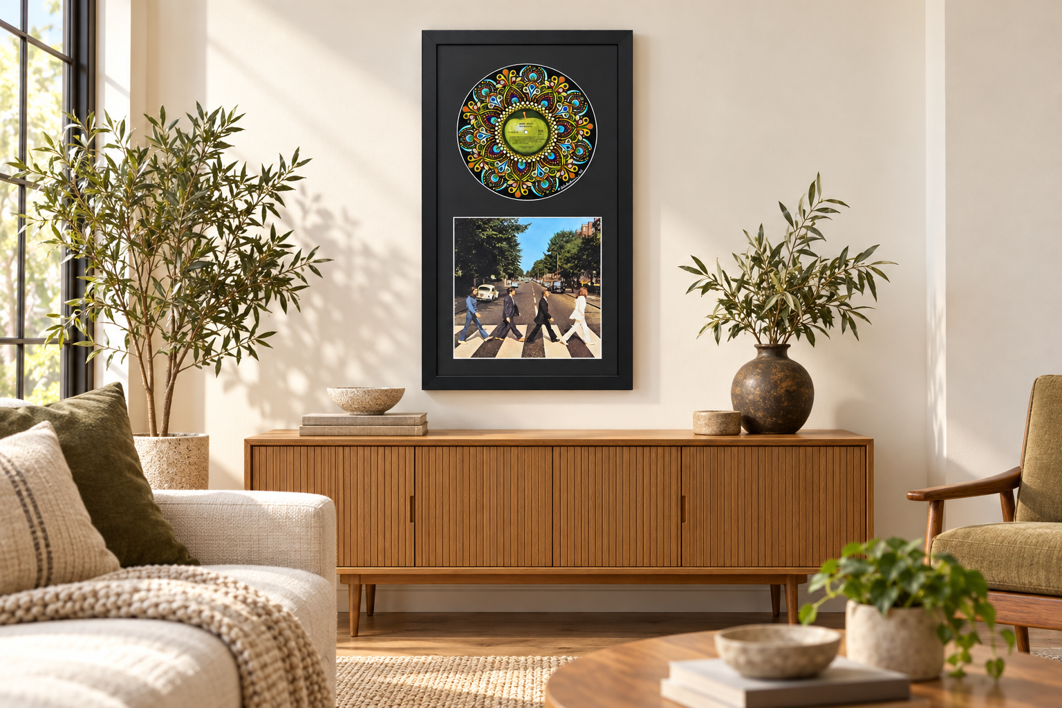The Beatles Abbey Road framed vinyl record art displayed in a modern living room.