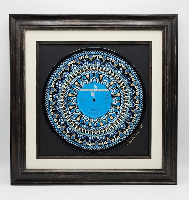 Framed hand-painted A Flock of Seagulls “I Ran” vinyl record with blue, turquoise, cream, and tan mandala design.