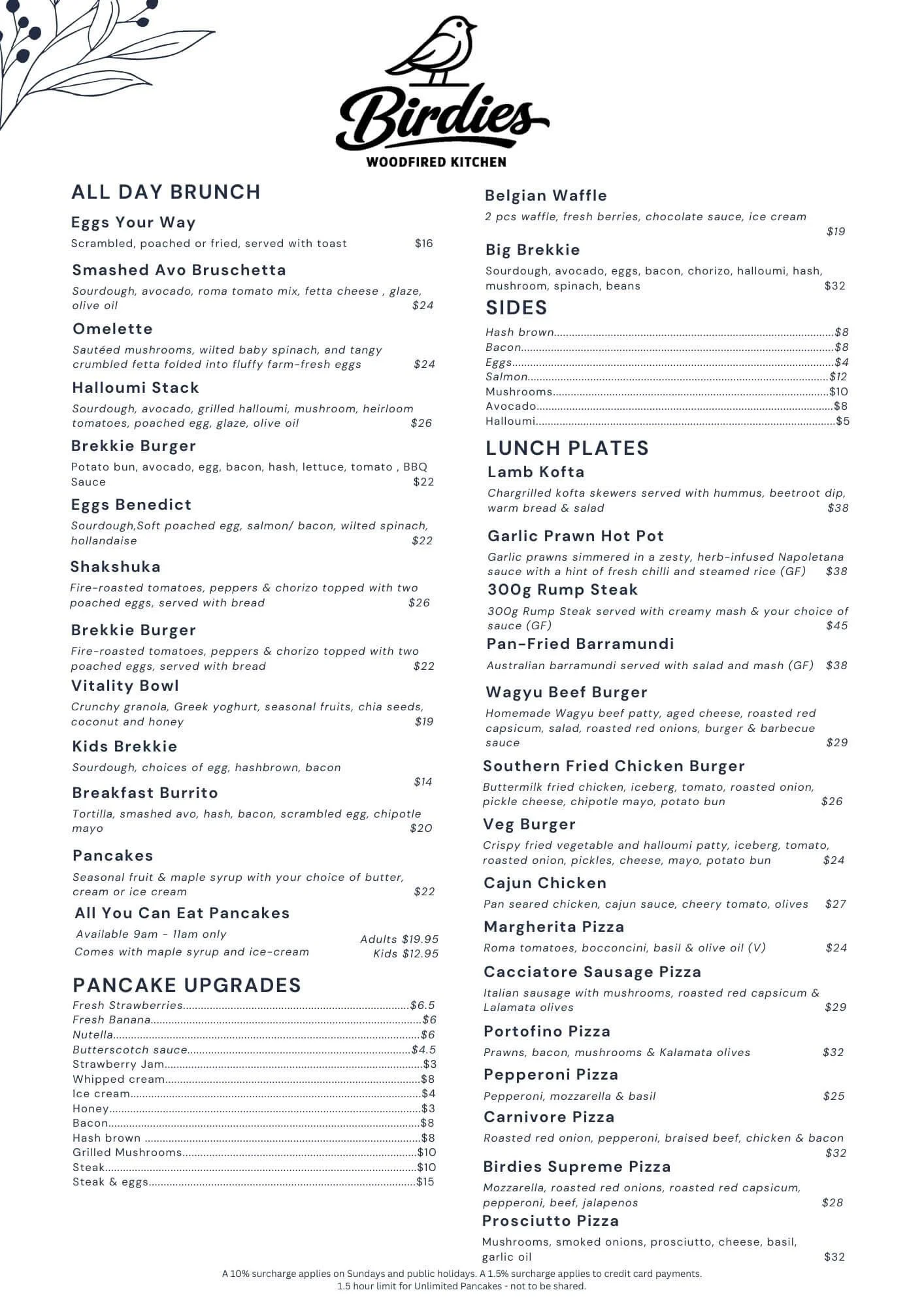 Menu from Birdies Woodfired Kitchen featuring brunch items, breakfast dishes, pancakes, egg dishes, sandwiches, pizzas, and sides.