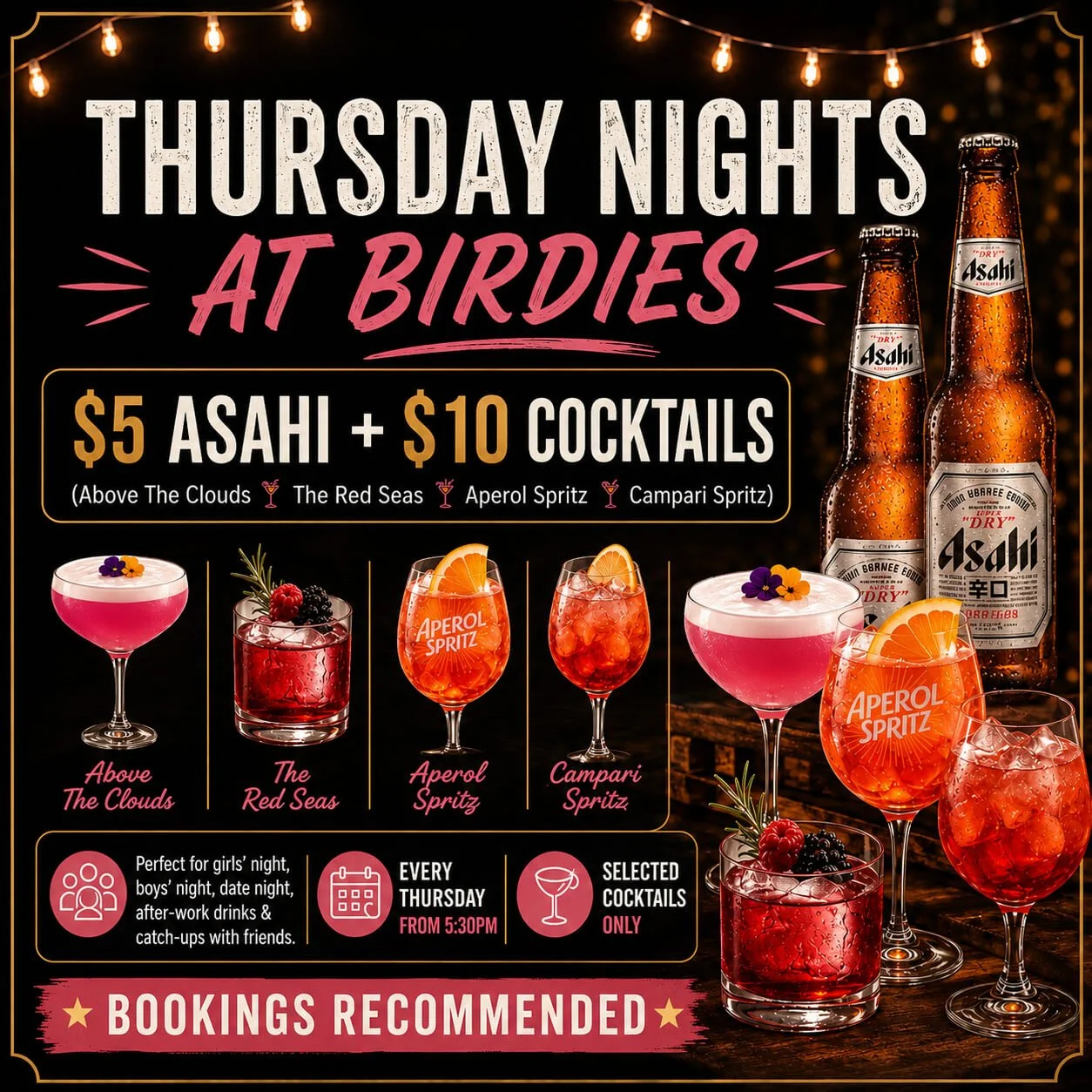 Promotional flyer for Thursday night at Birdies featuring $5 Asahi beer and $10 cocktails, with images of various colorful cocktails and bottles of Asahi beer, and details about the event and drink options.
