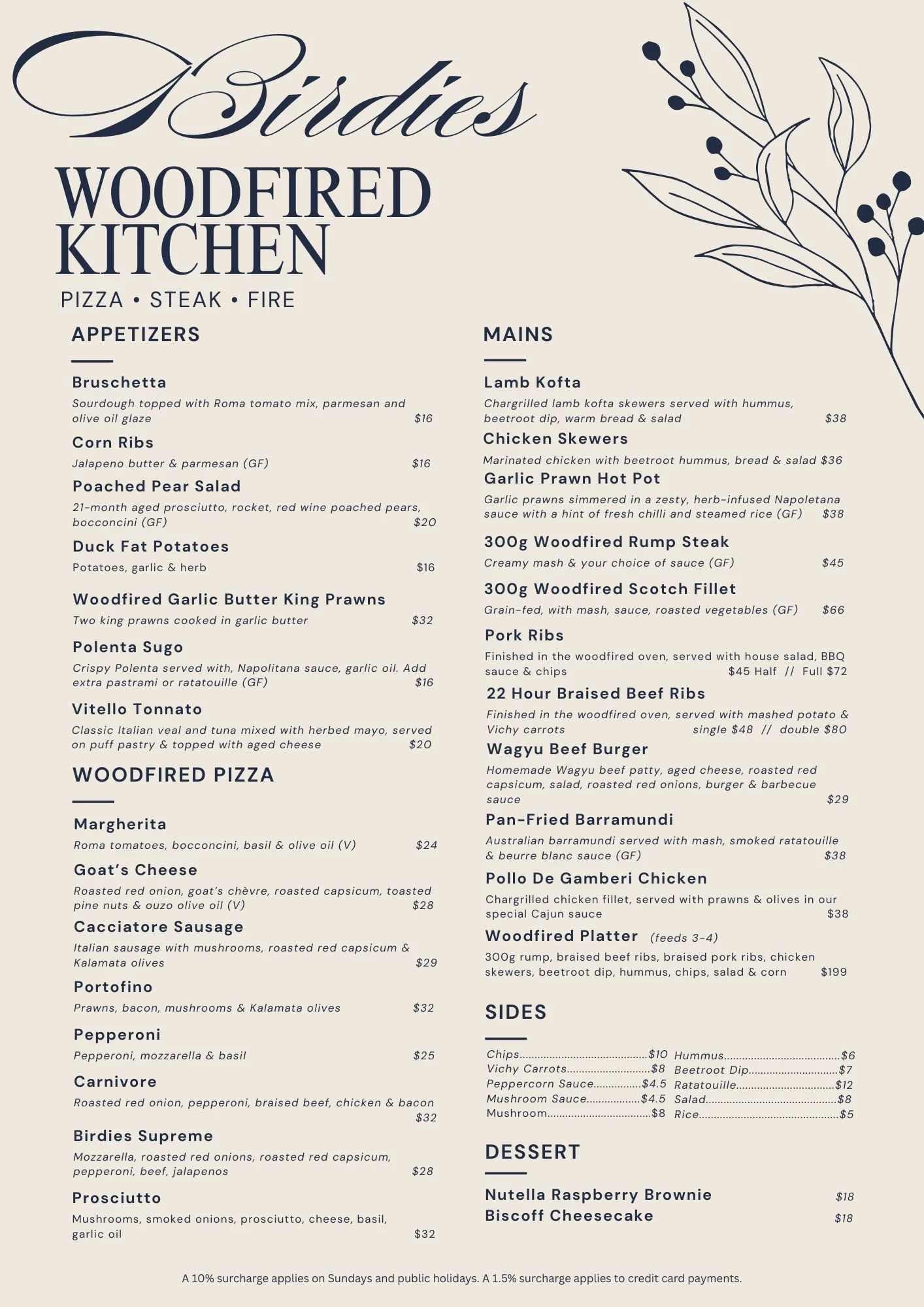 A menu featuring the Woodfired Kitchen with sections for appetizers, mains, woodfired pizza, sides, and dessert. Items include bruschetta, lamb kofta, chicken skewers, woodfired pizza options like margherita, goat's cheese, prosciutto, and more, along with various sides and desserts.
