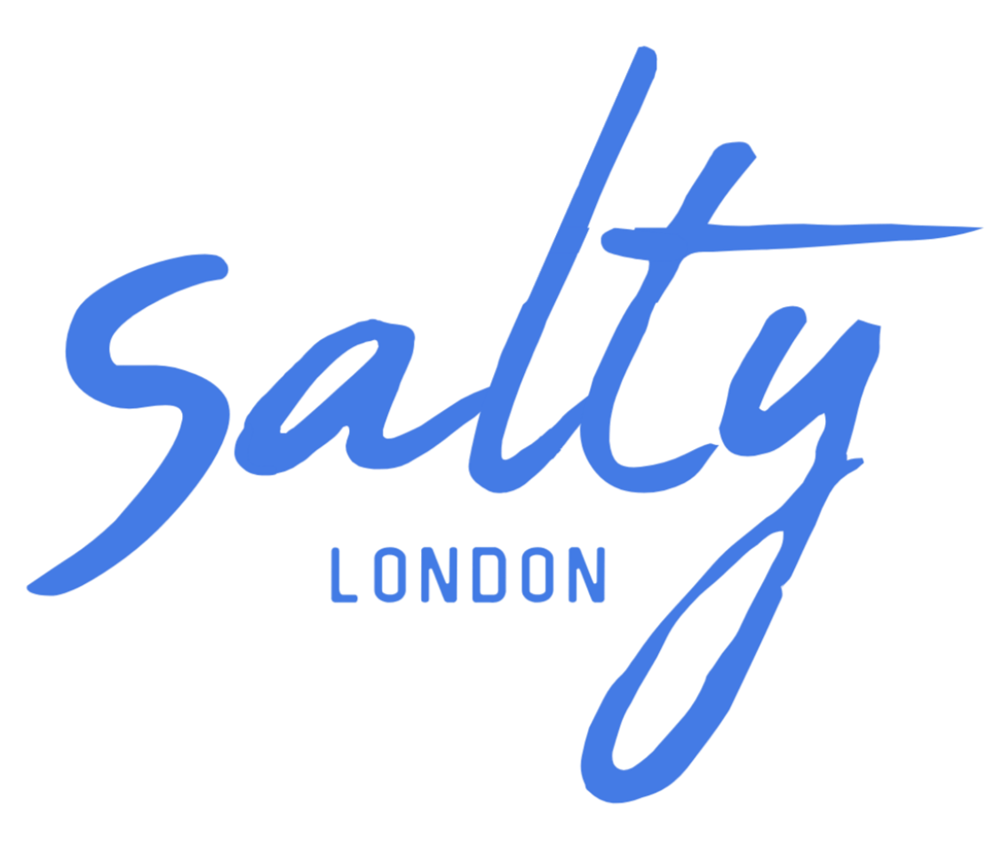 Blue handwritten-style logo reading 'salty LONDON' with a stylized underline.