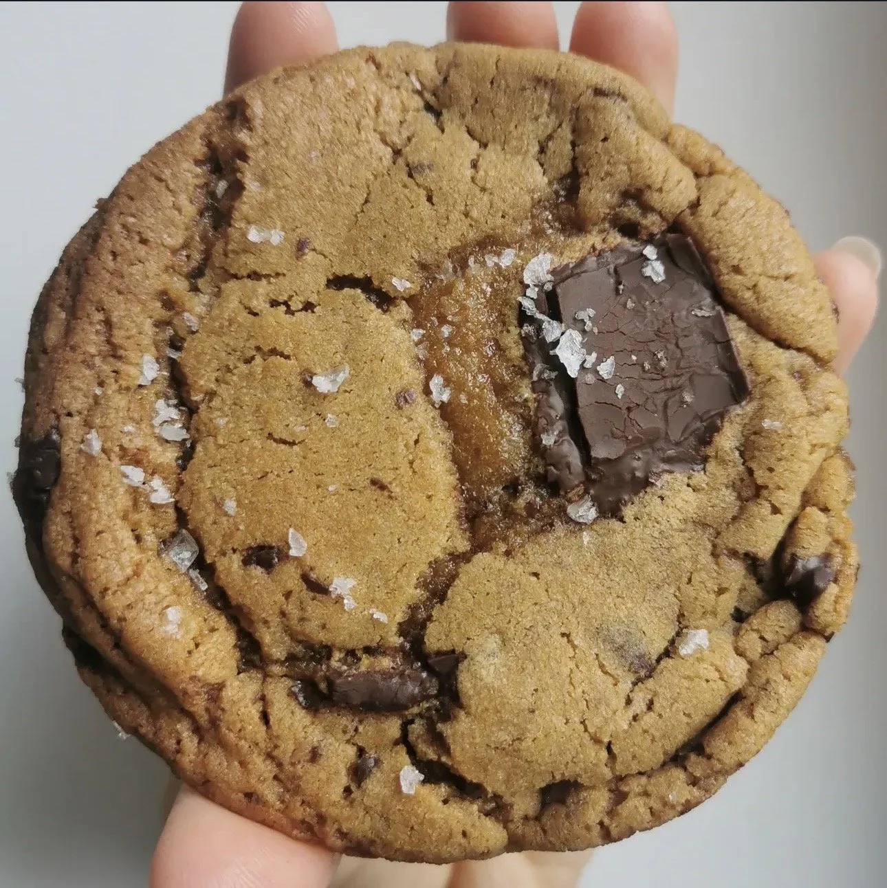 A hand holding a large chocolate chip cookie with a big chunk of chocolate and sea salt on top.