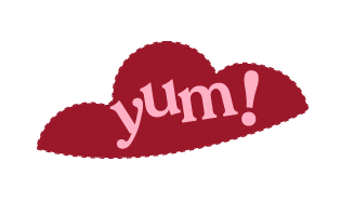Pink and red heart-shaped graphic with the word "yum!" in pink lowercase letters.