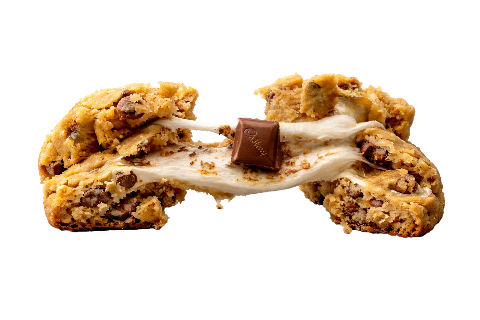 Half of a chocolate chip cookie with melted marshmallow and a small piece of chocolate on top, isolated on a white background.