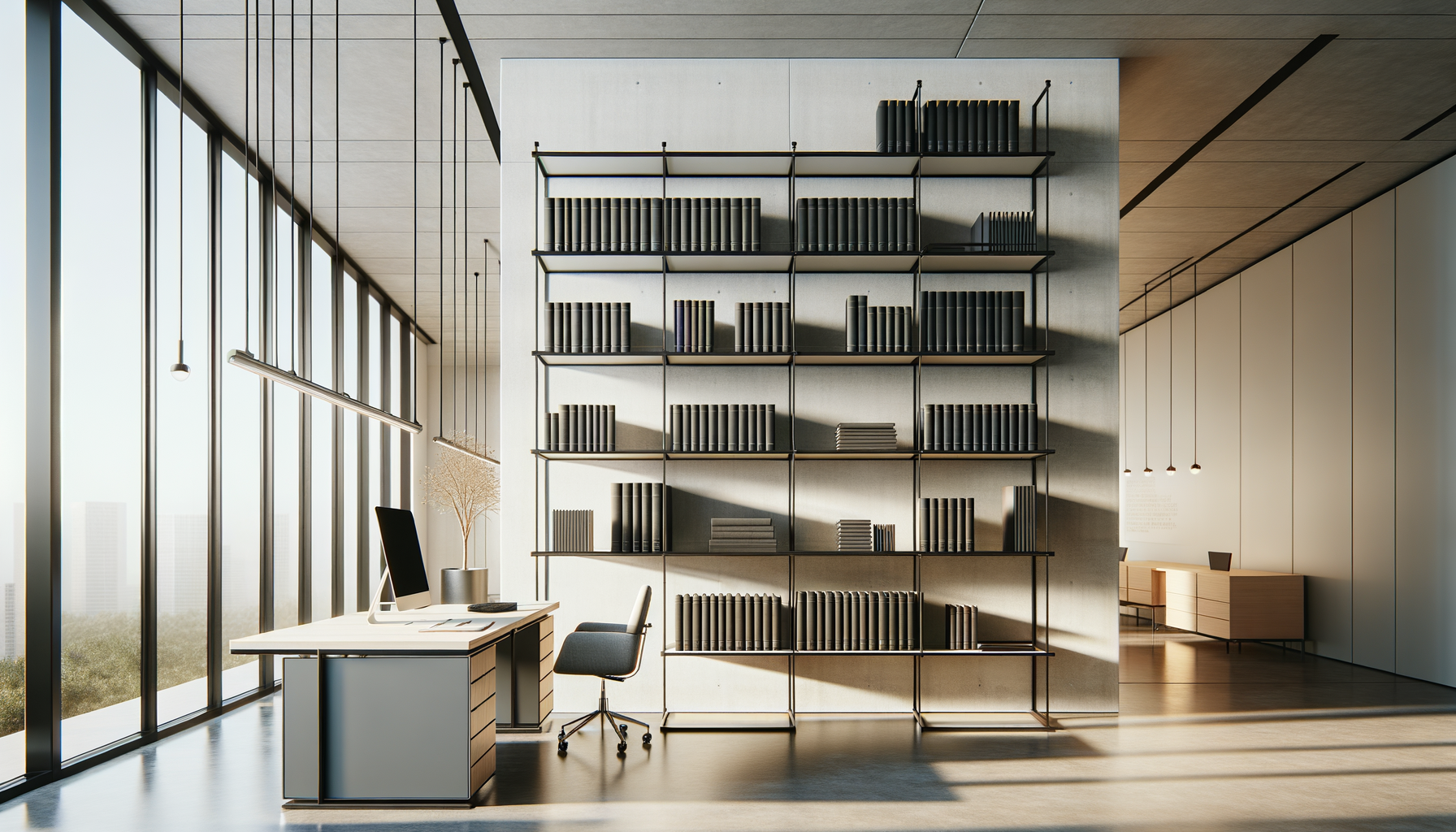 Modern office with a desk, computer, and chair near large floor-to-ceiling windows, with a tall bookshelf filled with black books between the desk and a second workspace in the background.