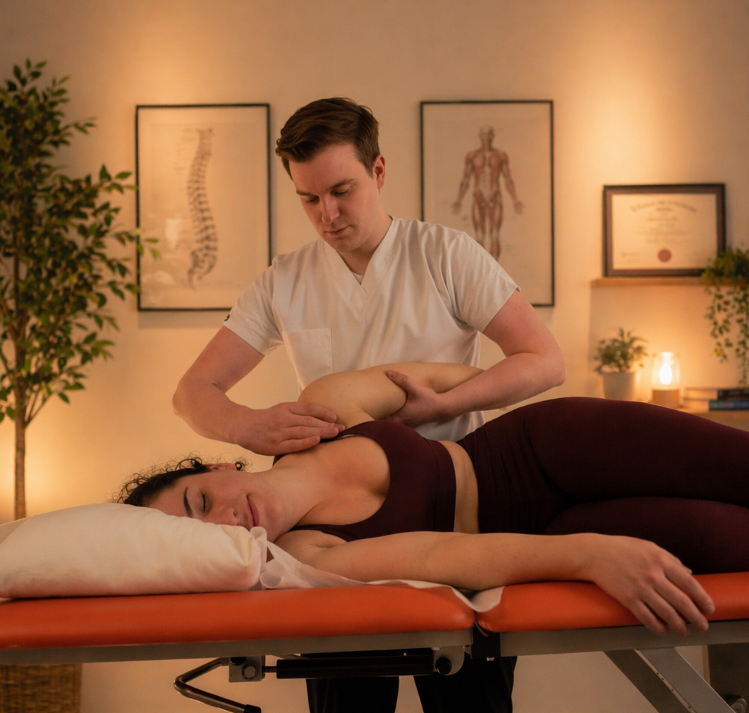 A Osteopath or massage therapist providing treatment to a woman lying on a massage table in a clinic, with medical diagrams in the background.
