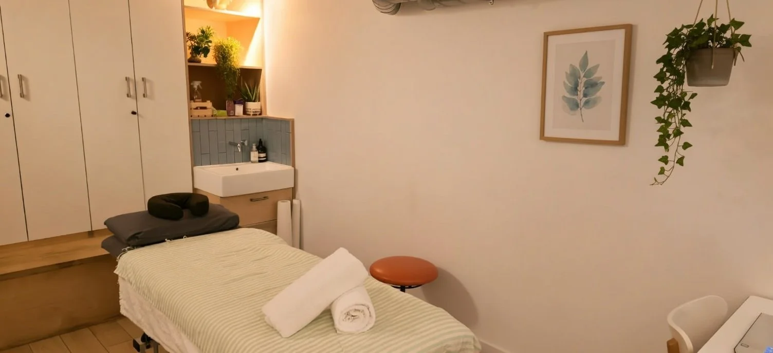 Massage therapy room with a massage table, pillows, and towels, a framed botanical print on the wall, and potted plants on the wall.