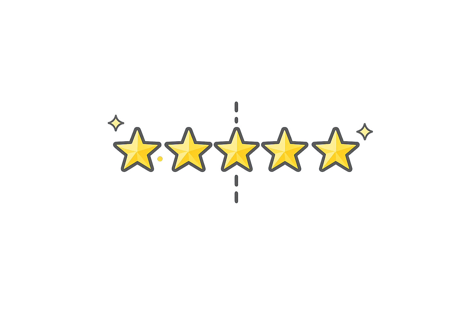 Five yellow stars in a row over a blurred, colorful background with purple and blue lights.