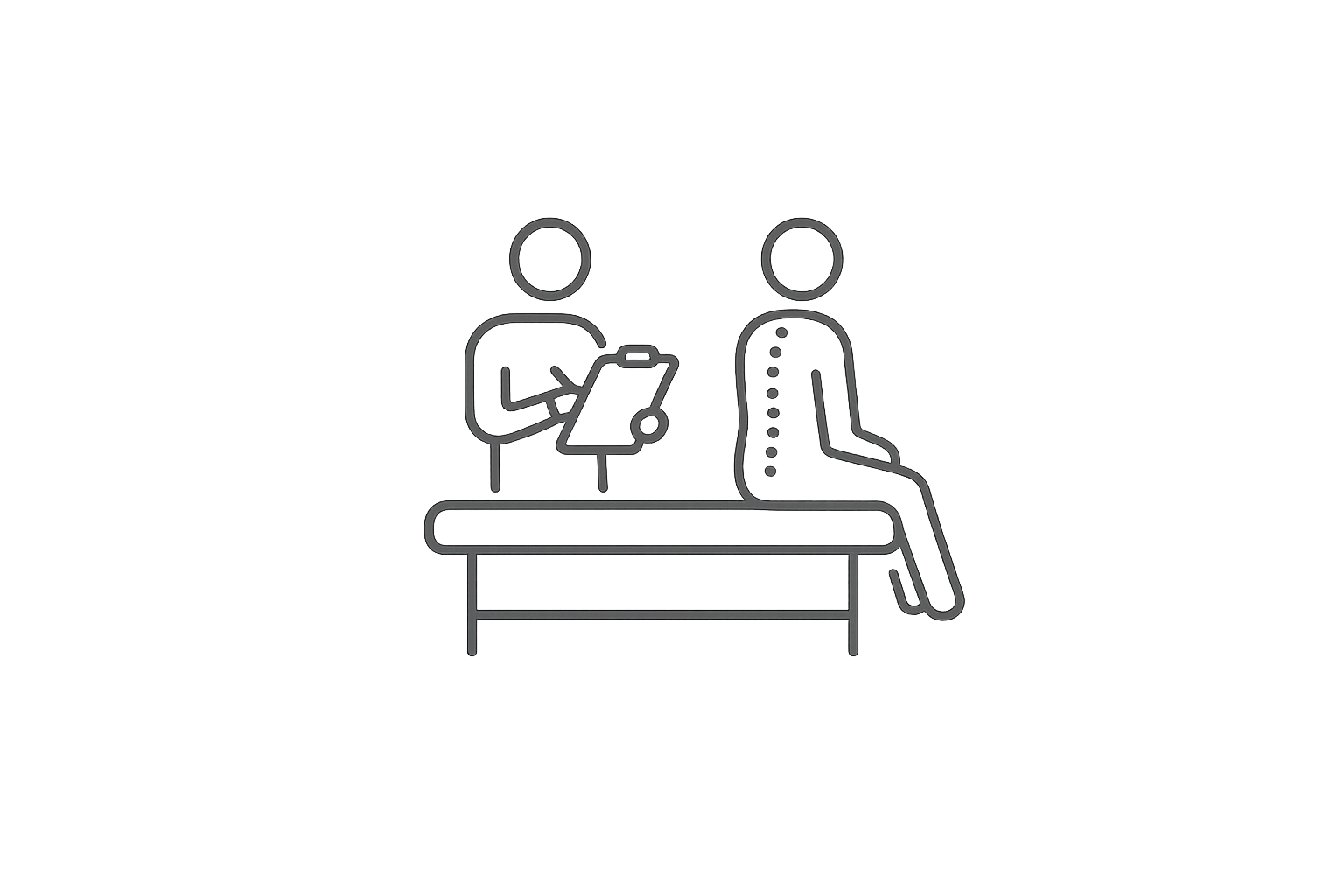 Line drawing of a medical consultation with a patient sitting on an examination table and a healthcare provider standing nearby with a clipboard.