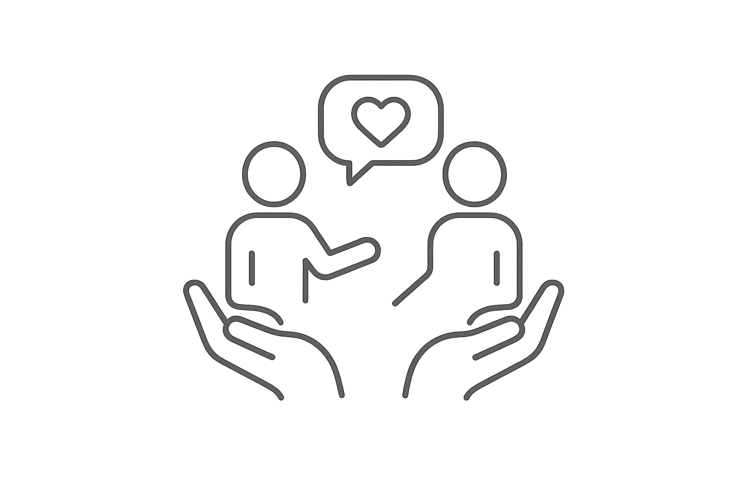 Outline illustration of two people in conversation with a speech bubble featuring a heart symbol, shown above open hands.
