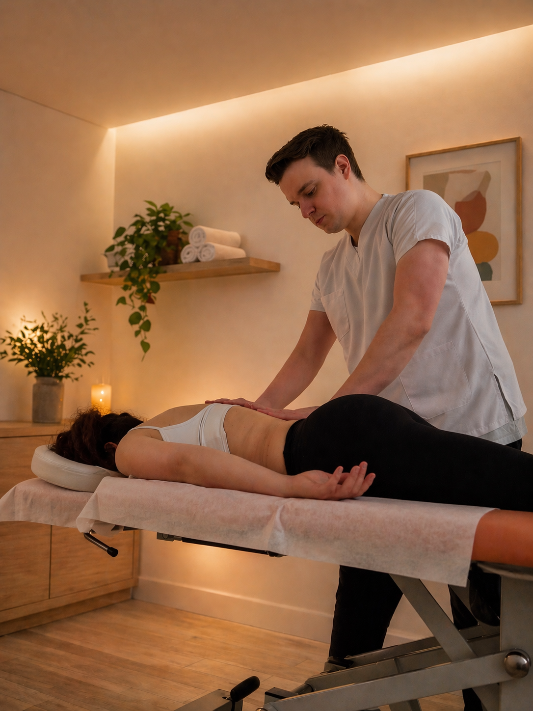 A massage therapist giving a back massage to a woman lying face down on a massage table in a relaxing spa room.
