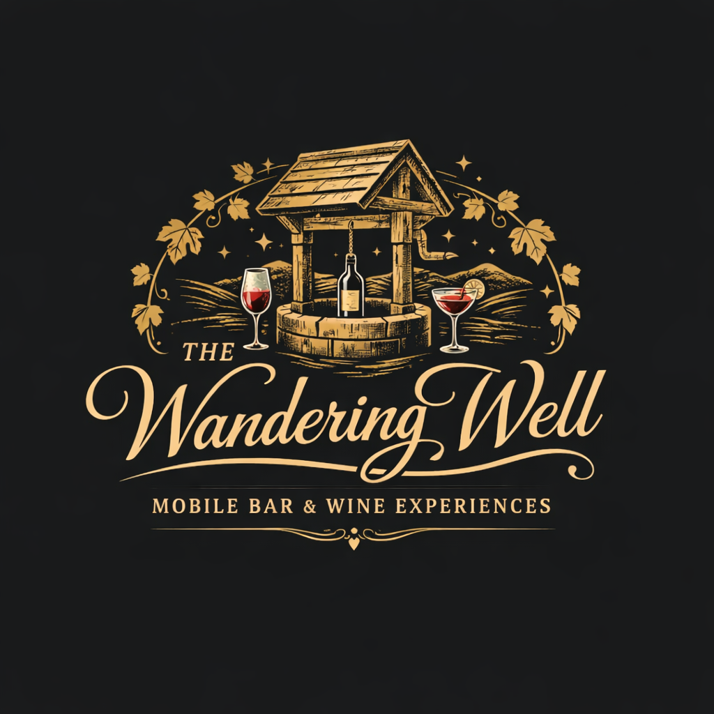 Logo for The Wandering Well, a mobile bar and wine experience, featuring a well with a roof, two wine glasses, and a bottle of wine against a dark background.
