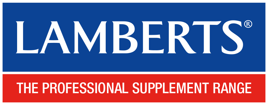 Logotipo de la marca Lambers con eslogan 'The Professional Supplement Range' en fondo azul y rojo.