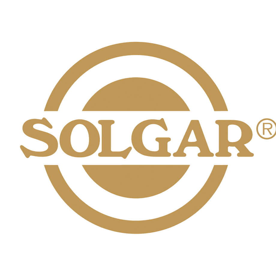 Logotipo de Solgar en colores dorados y negro con un diseño de círculo y un sol estilizado en el fondo
