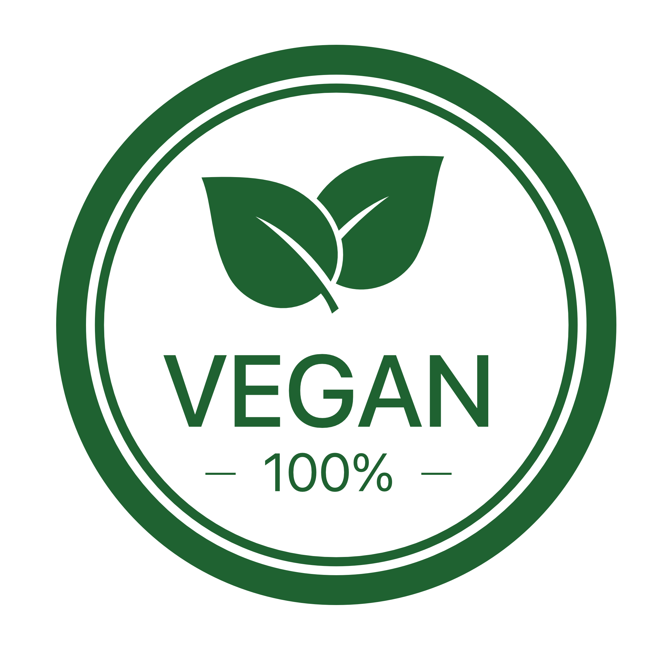 Logotipo circular con un diseño vegetal y la palabra 'Vegan' en letras verdes, acompañado del texto '100%'.