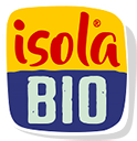 Logotipo de Isola Bio con letras en rojo, blanco y azul sobre fondo amarillo