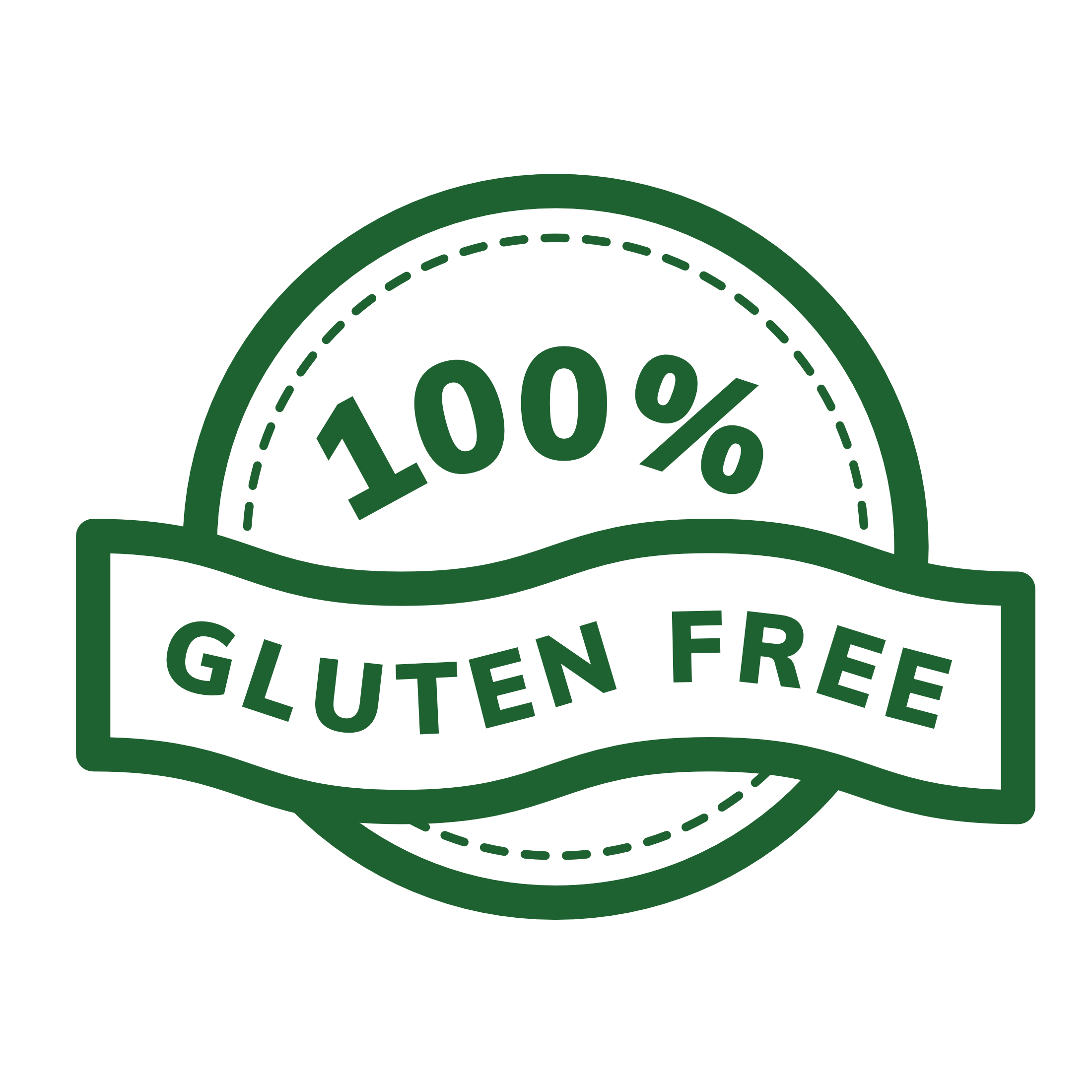 Sello verde con texto en inglés que dice '100% gluten free'