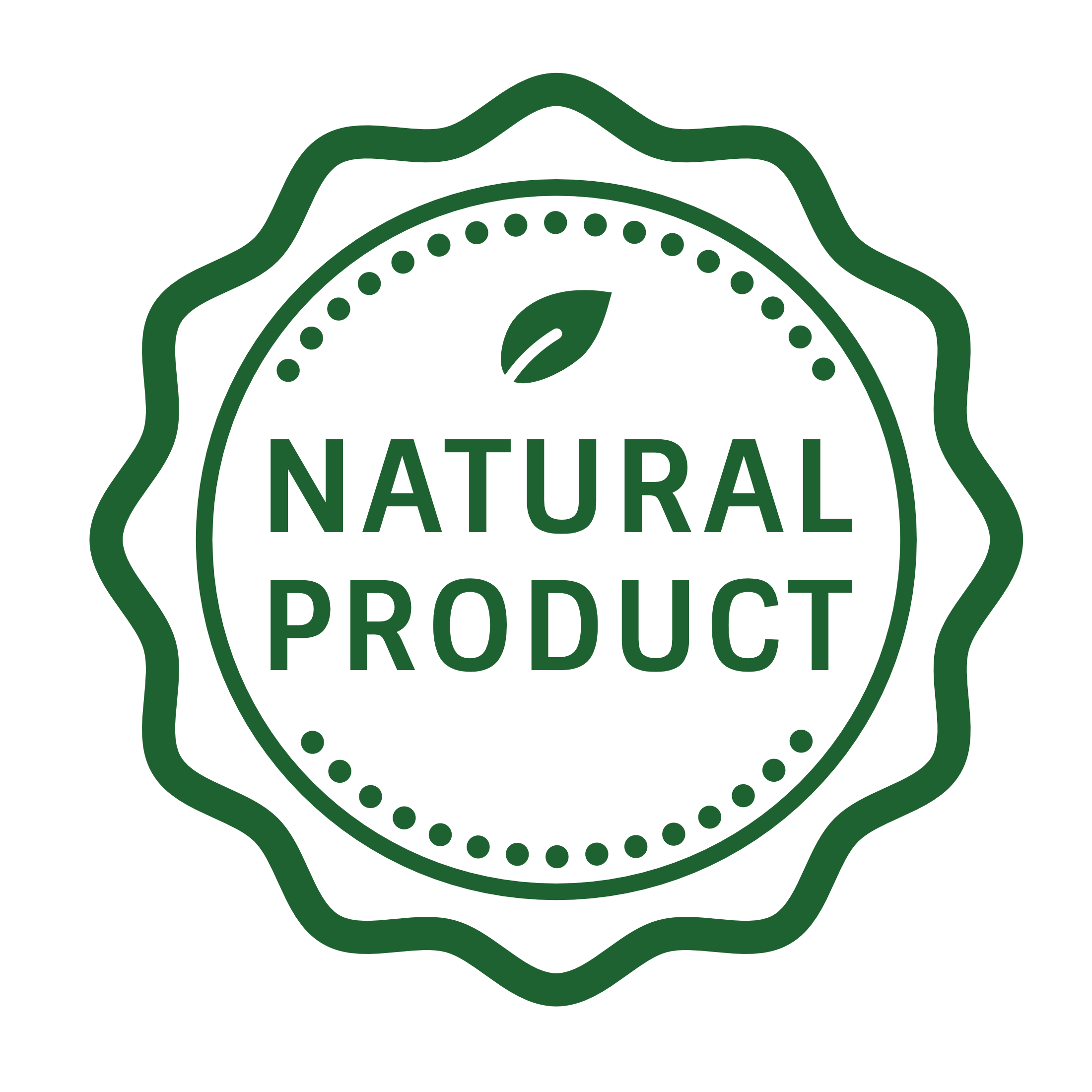 Logotipo en color verde con forma de escudo que contiene una hoja en el centro y las palabras 'Naturales Product'.