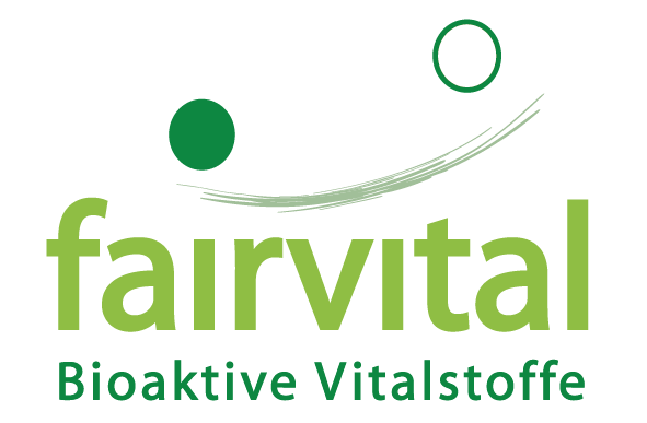 Logotipo de Fairvital, que incluye un diseño de círculos y líneas con el texto 'fairvital' y 'Bioaktive Vitalstoffe' en letras verdes.