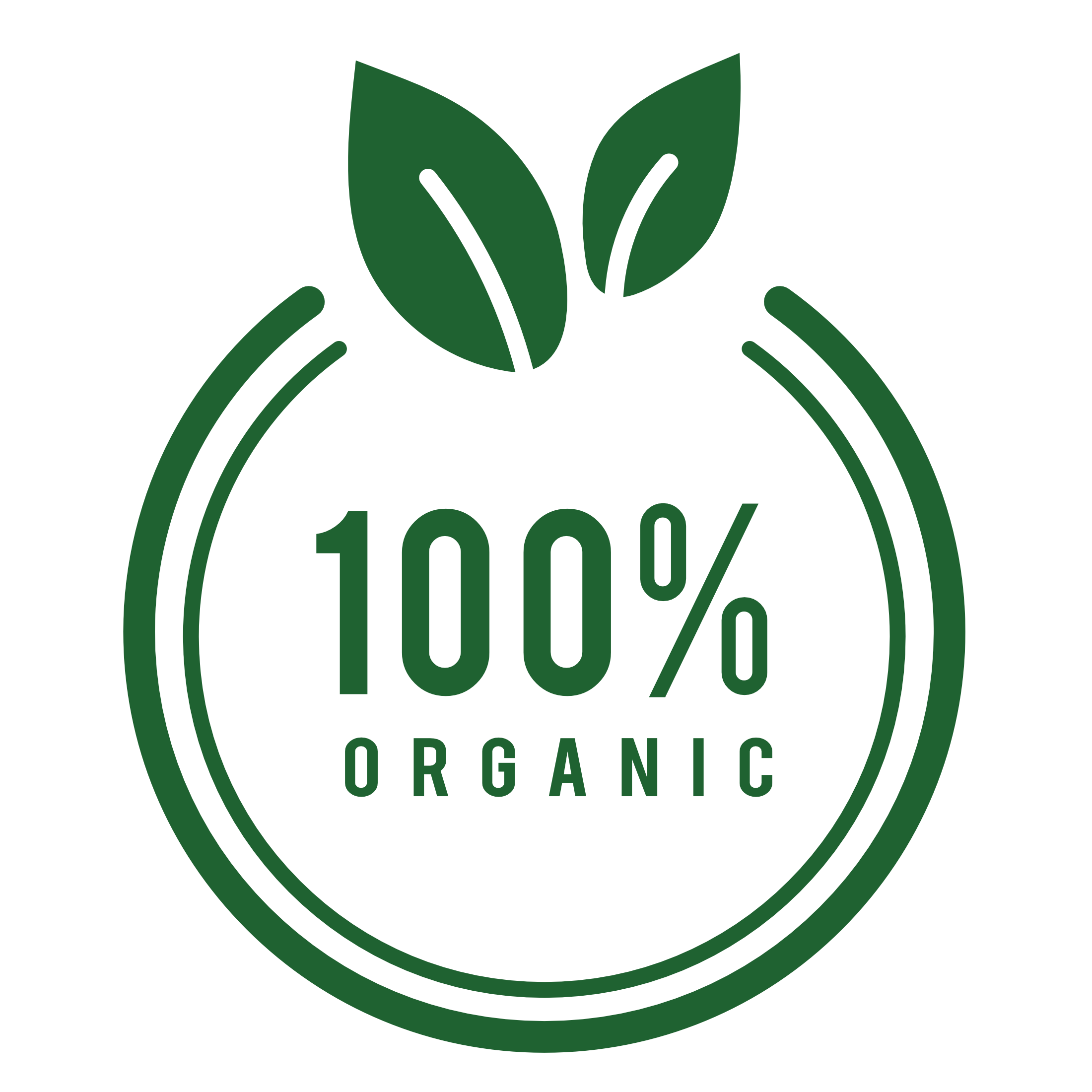Un logotipo circular con texto en verde que dice '100%' y 'Organic' en la parte inferior, con dos hojas verdes en la parte superior que representan crecimiento y naturaleza.