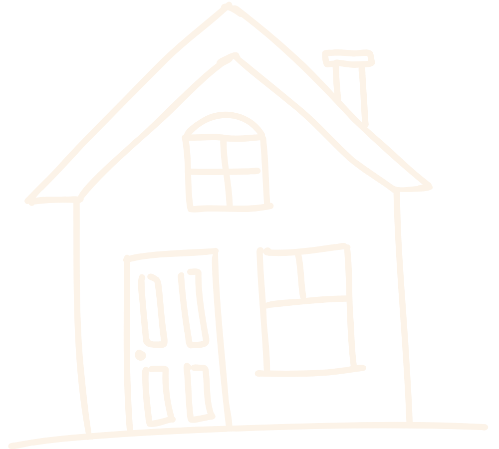 A simple white line drawing of a house with a gabled roof, a chimney, a front door, and two windows on a black background.