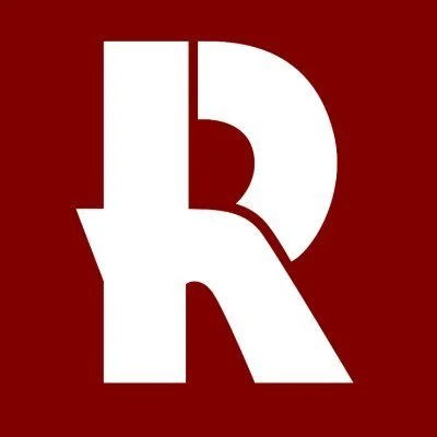 A large white letter R on a red background.