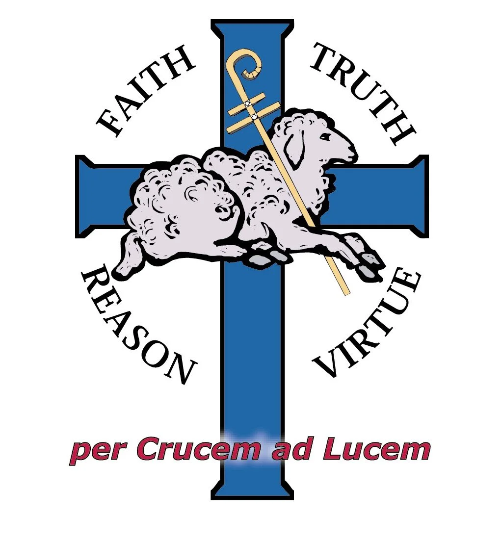 A logo featuring a blue cross with a sheep and a lamb, and a shepherd's staff. The words "Faith," "Truth," "Reason," and "Virtue" are written around the cross, with a Latin phrase "per Crucem ad Lucem" at the bottom in maroon.