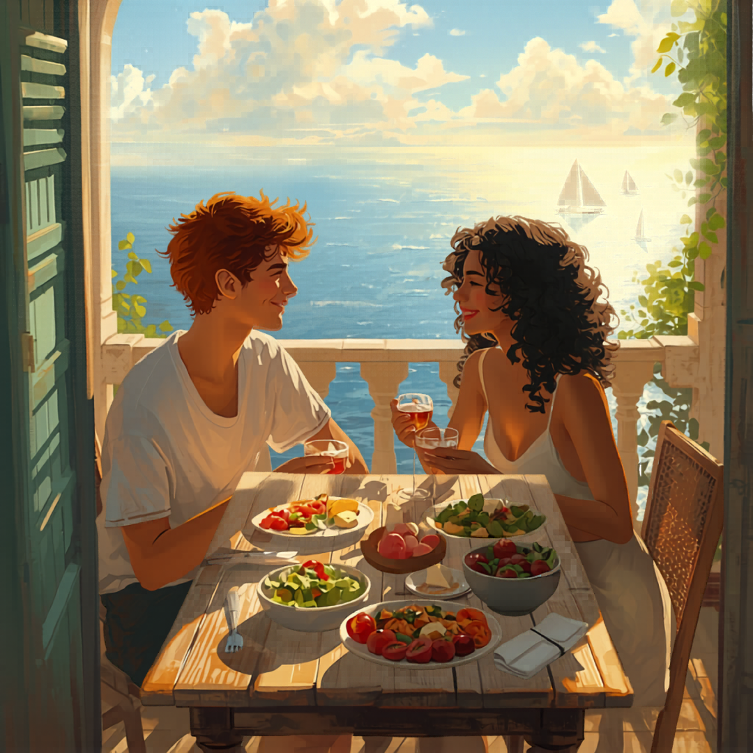 A young man and woman sitting at a table on a balcony, enjoying drinks and a meal with a view of the ocean and sailboats in the distance during sunset.
