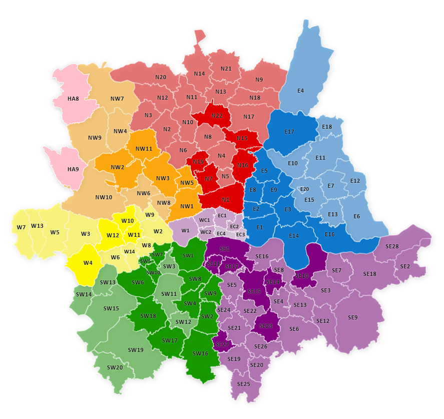 Color-coded map of London showing regions labeled with codes such as N22, NW7, W10, SE13, and others.