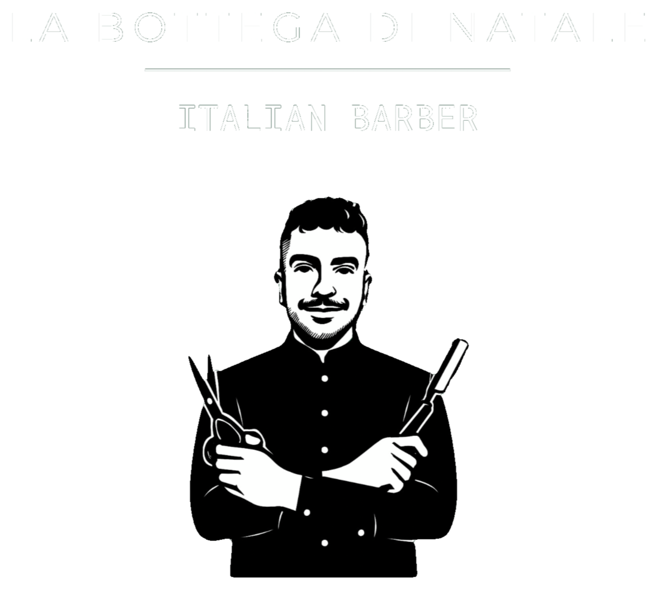 Schwarze und weiße Illustration eines Mannes mit Barthaare, der die Arme verschränkt hält, mit Haarschnitt und formeller Kleidung, vor einem grau Hintergrund. Oben steht „Italian Barber“.