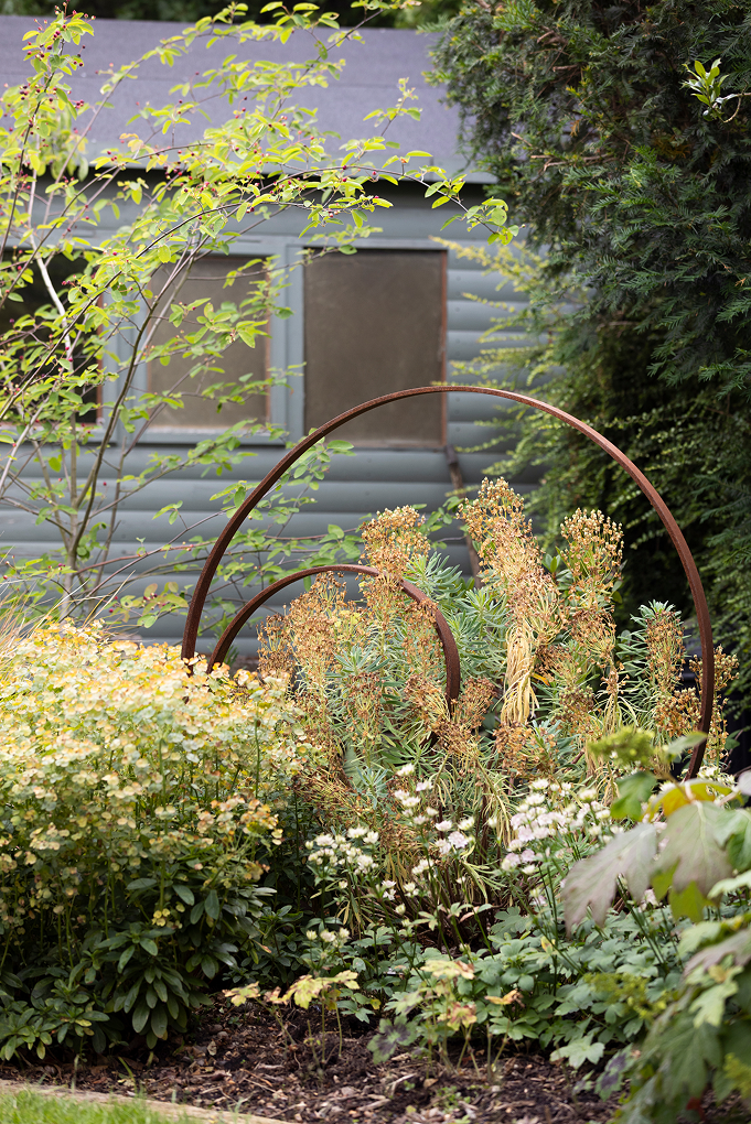 Garden with plants and flowers in front of a gray house with a window, decorated with rusted metal arches.