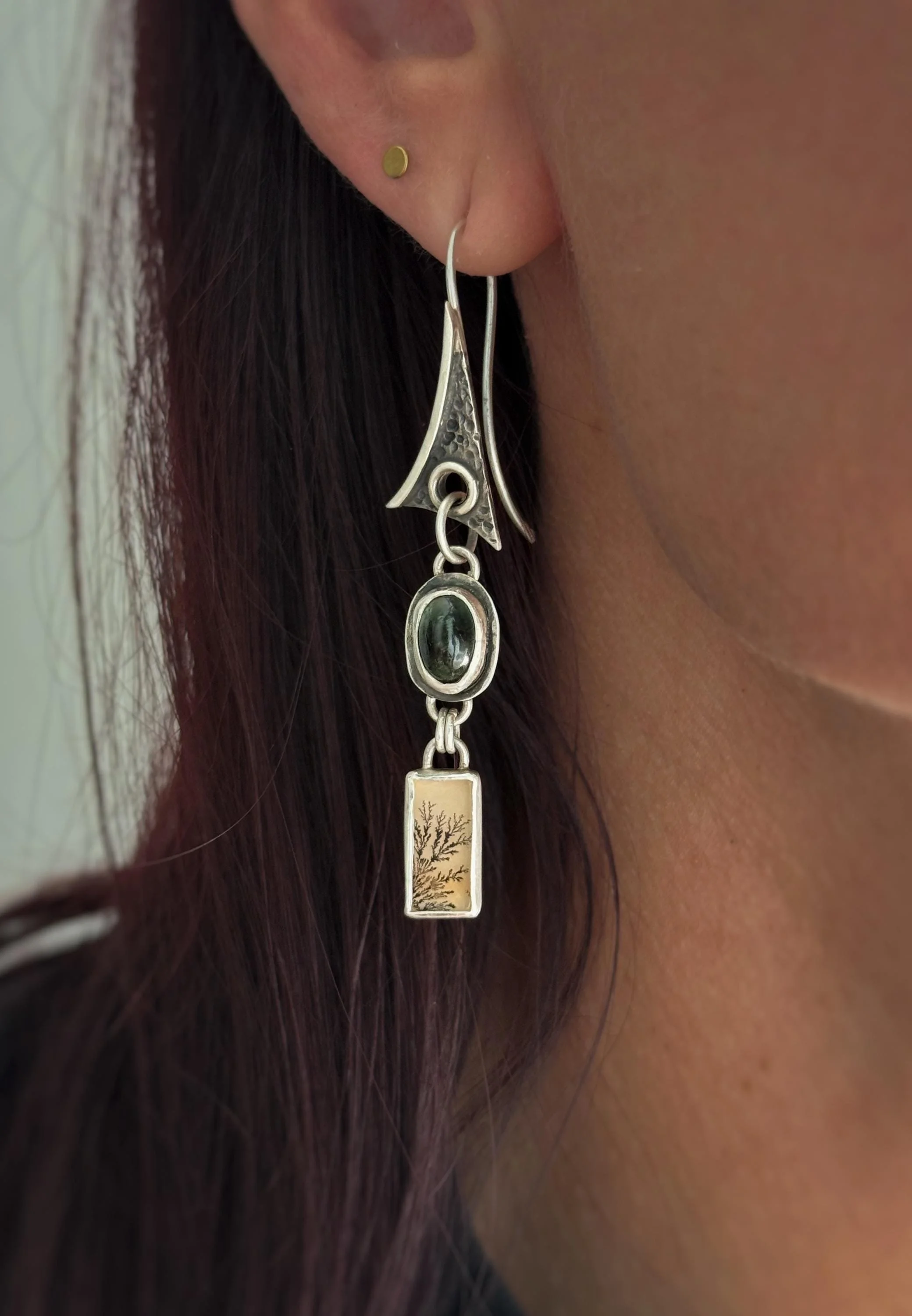 Asymmetrical Dendritic Agate & Tourmaline Earrings