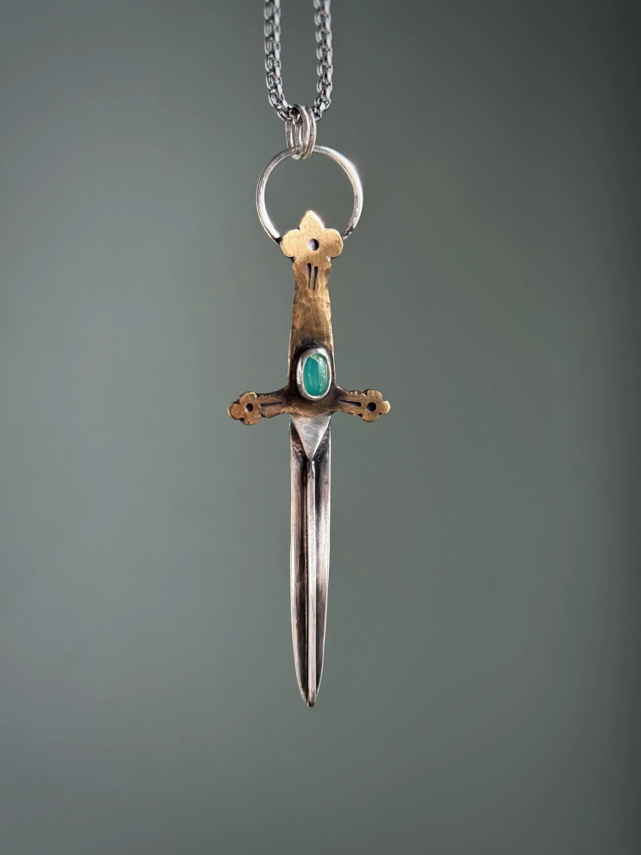 Handmade Silver and Brass Dagger with Antique Glass accent stone