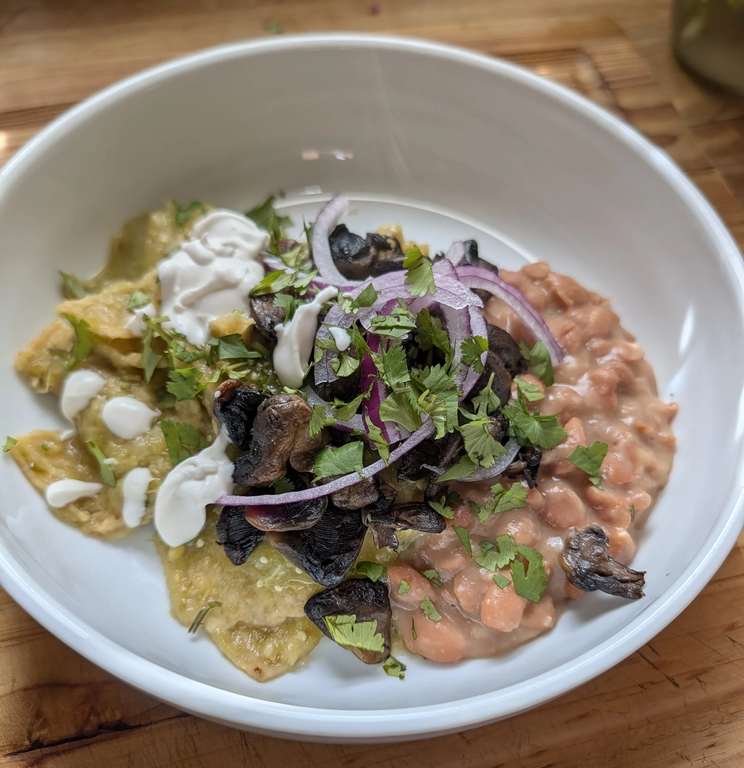 Chilaquiles and grilled mushrooms
