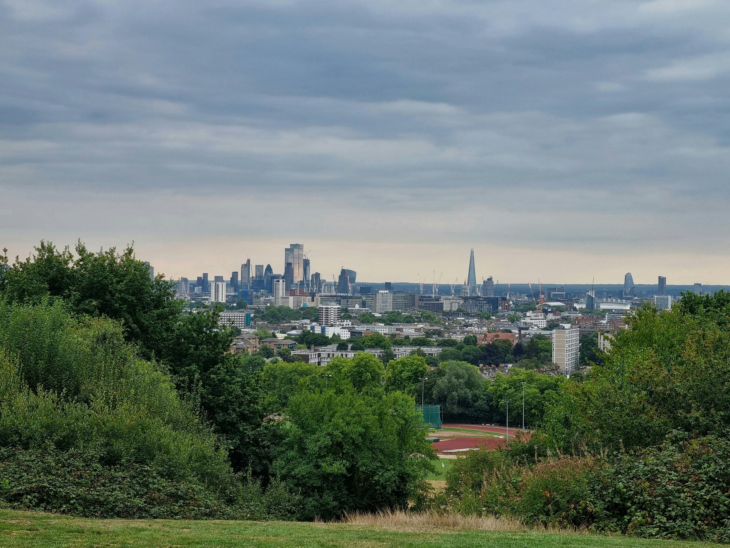 City skyline viewed from a park with green trees in the foreground and a cloudy sky overhead.