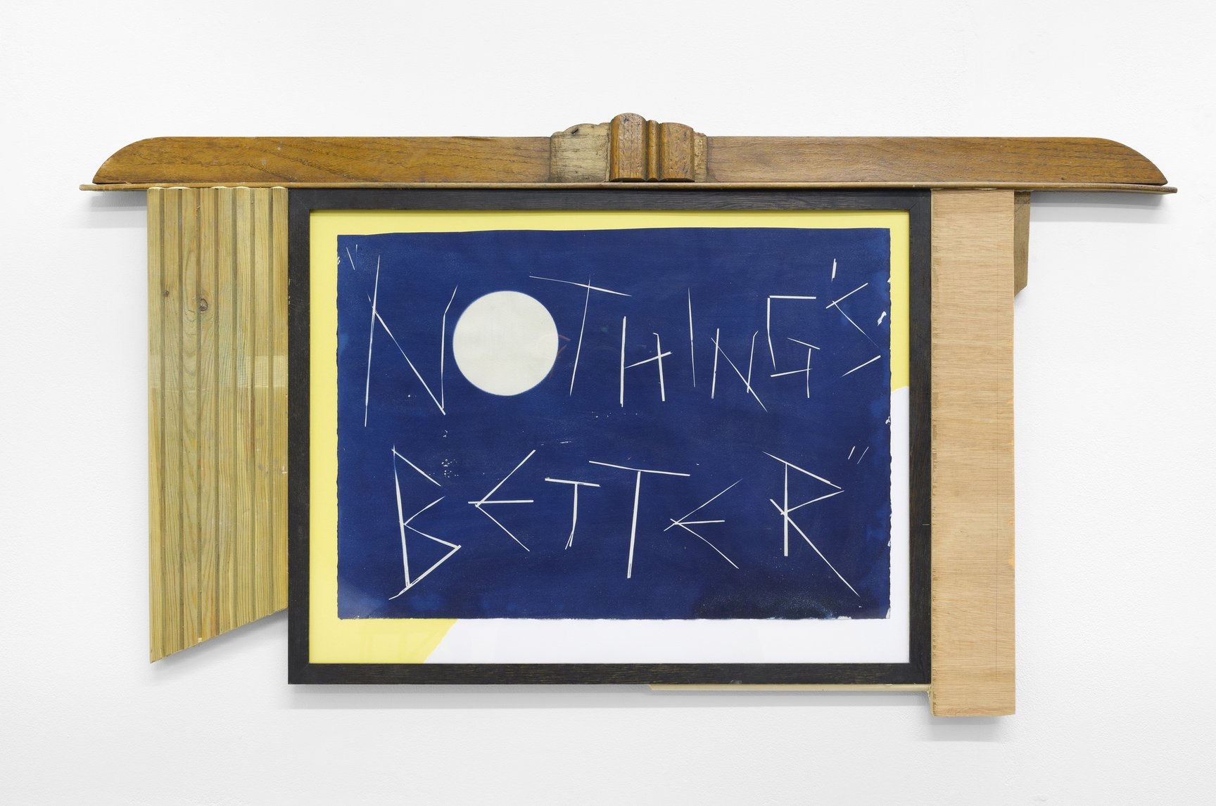 An art piece with a mixed media frame surrounding a blue background with the words 'Nothing better' written in white lines, as well as a large white circle in place of the letter 'O'.
