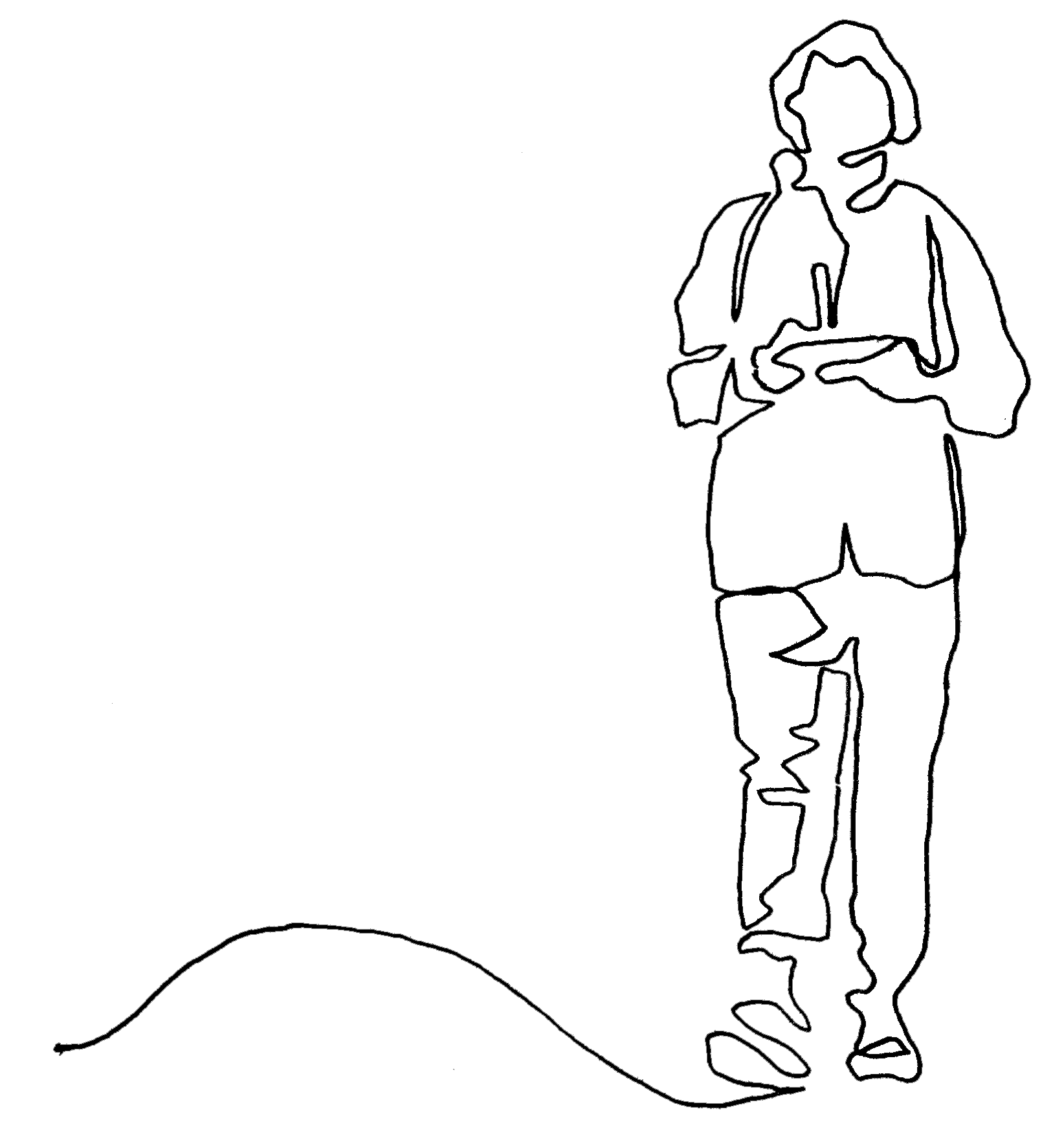 Outline of a person holding a phone to their ear, wearing a cap, jacket, and pants, with a dog sitting nearby.