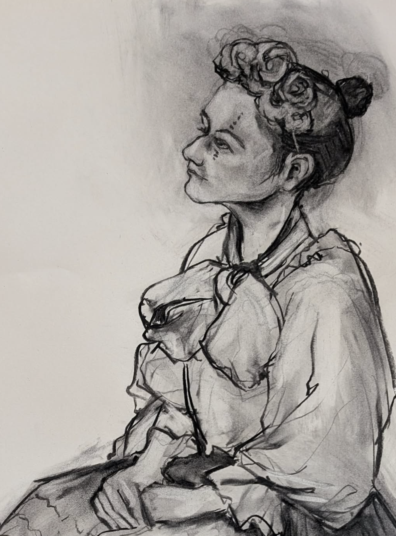 A black and white sketch of a woman sitting, her head turned to the side, with an elaborate hairstyle decorated with roses.