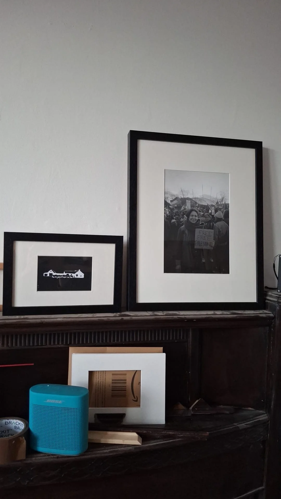 Two framed photographs on a wooden surface, one black and white landscape picture and one black and white photo of a woman holding a sign that says "Free Free Palestine," with other people around her in the background.