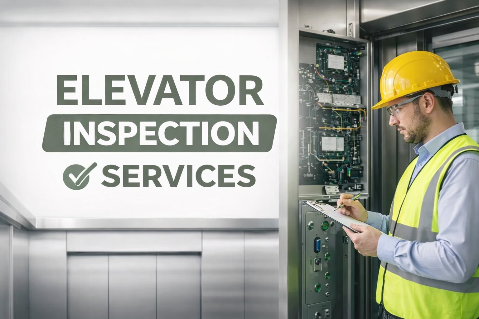 A maintenance worker wearing a yellow safety helmet and vest inspecting elevator control panel with a clipboard in hand, in front of a sign that reads 'Elevator Inspection Services' in an elevator lobby.