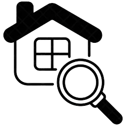 Outline of a house with a magnifying glass in front.
