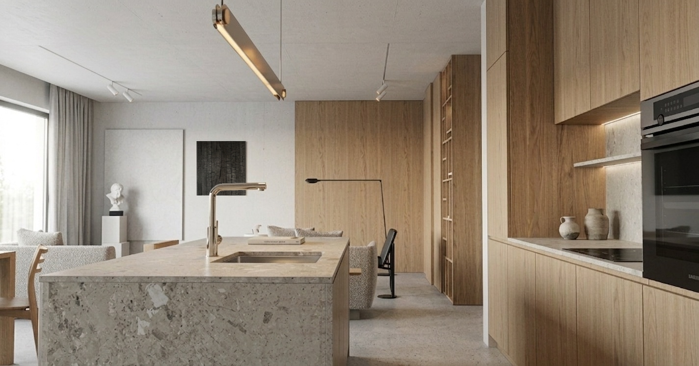Wnętrze premium z naturalnymi materiałami i architektoniczną prostotą