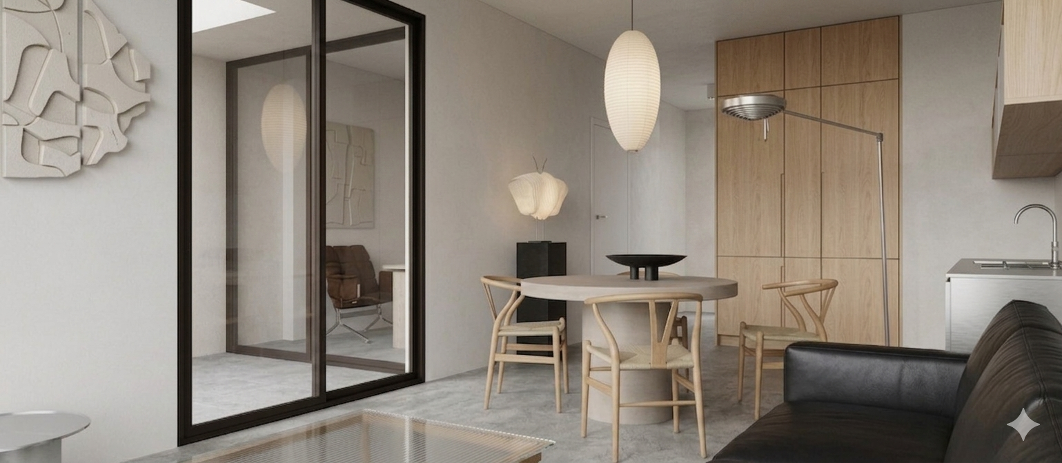 Contemporary interior with warm wood and stone textures