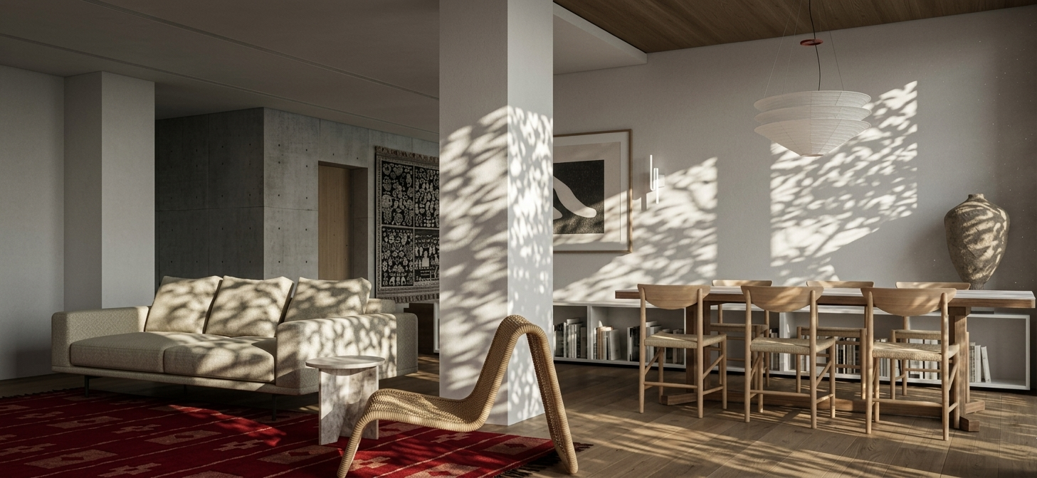 Wnętrze apartamentu premium z miękkim światłem i naturalnym drewnem
